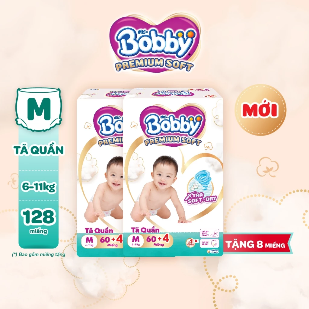 [Tặng 4 miếng] Combo 2 gói tã quần Bobby Premium Soft size M60/L56/XL52/XXL48