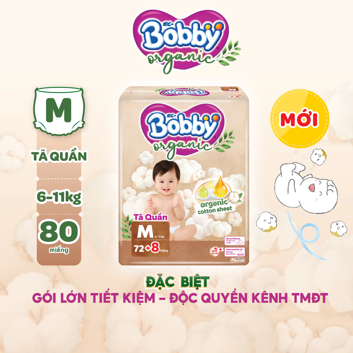 [MỚI RA MẮT] [TẶNG MIẾNG] Tã Quần Cao cấp Bobby Organic Chăm Sóc Dịu Nhẹ Từ Thiên Nhiên M72+8/L60+8/XL56+8/XXL54+6