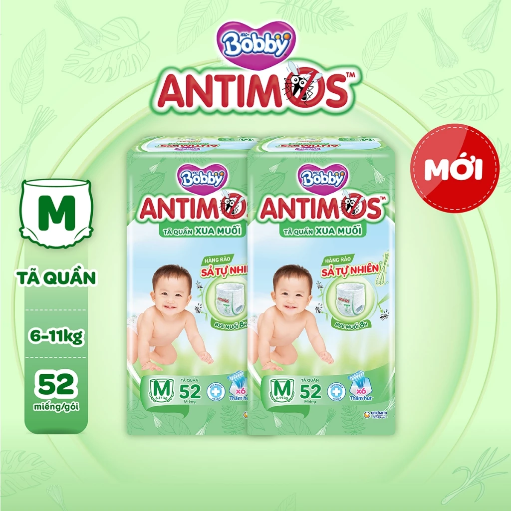 [MỚI] Combo 2 tã Quần Xua Muỗi Bobby Antimos – Hàng rào Sả tự nhiên Bye Muỗi 8H - M52/L50+2/XL48+4/XXL46+6