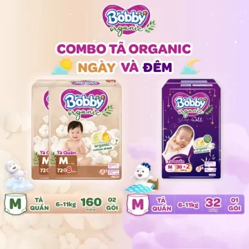 [Combo3]Tã/Bỉm Quần Bobby Organic Ngày & Đêm Chăm Sóc Dịu Nhẹ Khô Thoáng Từ Thiên Nhiên Size M/L/XL/XXL/XXXL cho bé 6kg-35kg